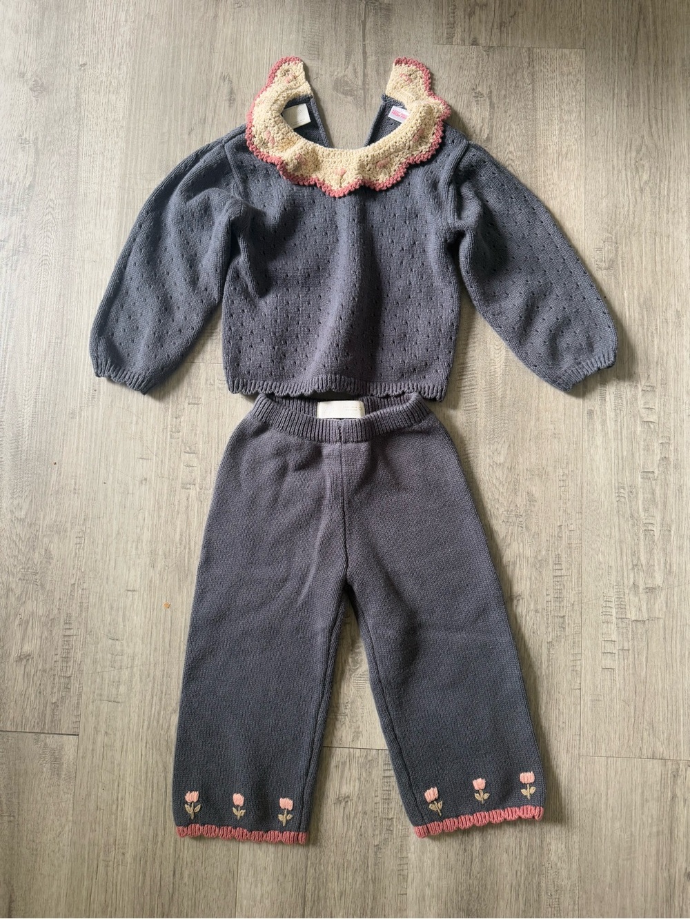Zara Gray/navy Knit Girls Set with Pink & Cream Trim